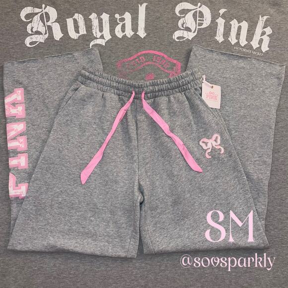 VS PINK x LoveShackFancy Limited Edition Gray Bow Logo Super Wide Leg Sweatpants - Picture 1 of 7